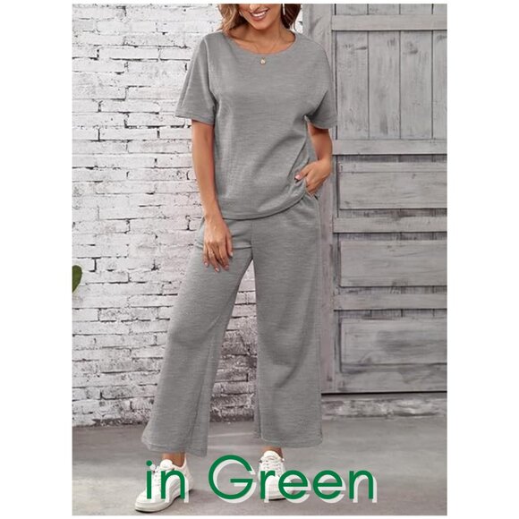 NEW SHEWIN 2 PC Lounge Set - Casual Waffle Knit Short Sleeve Top/Wide Leg Pant - Picture 2 of 5
